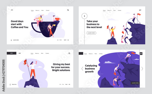 Business People Climbing on Mountain, Office Workers on Coffee Break Website Landing Page Set, Characters Sit on Huge Cup Drinking Beverage, Teamwork Web Page. Cartoon Flat Vector Illustration, Banner