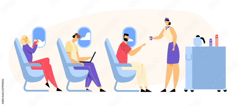 Airplane Crew and Passenger Characters in Plane. Stewardess Giving Drink to Happy People Sitting on Chairs in Economy Class of Aircraft. Airline Transportation Service Cartoon Flat Vector Illustration Airplane Crew and Passenger Characters in Plane. Stewardess Giving Drink to Happy People Sitting on Chairs in Economy Class of Aircraft. Airline Transportation Service Cartoon Flat Vector Illustration