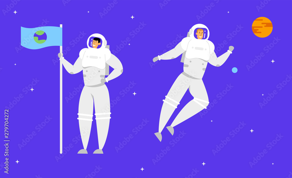 Astronaut Holding Flag with Earth Image on Starry Dark Blue Sky Background with Orange Planet. Outer Space Exploration, Cosmic Adventure, Space Mission and Traveling. Cartoon Flat Vector Illustration Astronaut Holding Flag with Earth Image on Starry Dark Blue Sky Background with Orange Planet. Outer Space Exploration, Cosmic Adventure, Space Mission and Traveling. Cartoon Flat Vector Illustration
