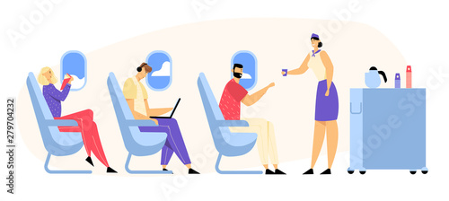Airplane Crew and Passenger Characters in Plane. Stewardess Giving Drink to Happy People Sitting on Chairs in Economy Class of Aircraft. Airline Transportation Service Cartoon Flat Vector Illustration