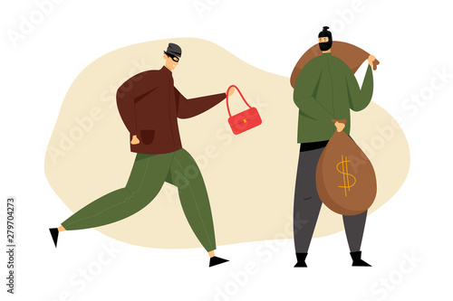 Couple of Masked Robbers with Stolen Woman Bag and Money Sacks, Bank Robbery by Criminals. Gangsters Violence Organized to Steal Money From Financial Institution. Cartoon Flat Vector Illustration