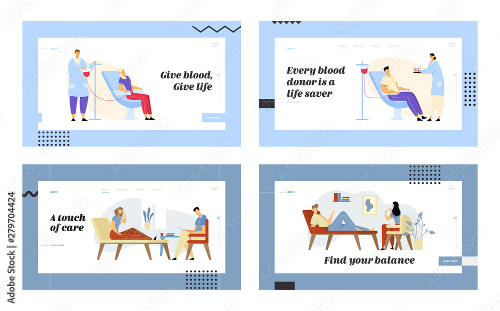 Blood Donation and Psychologist Appointment Website Landing Page Set, Donor in Clinic Giving Lifeblood, Doctor Talking with Patient of Mind Health Web Page. Cartoon Flat Vector Illustration, Banner