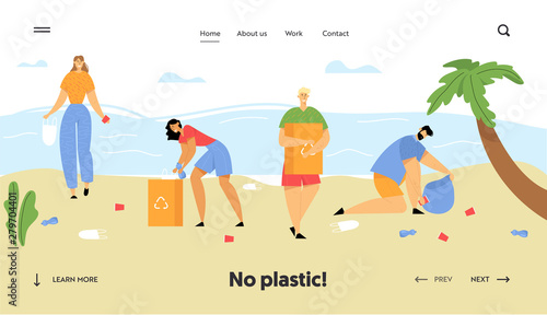 People Collecting Trash into Bags on Beach. Pollution of Seaside with Different Kinds of Garbage. Ecology Protection Concept Website Landing Page, Web Page. Cartoon Flat Vector Illustration, Banner