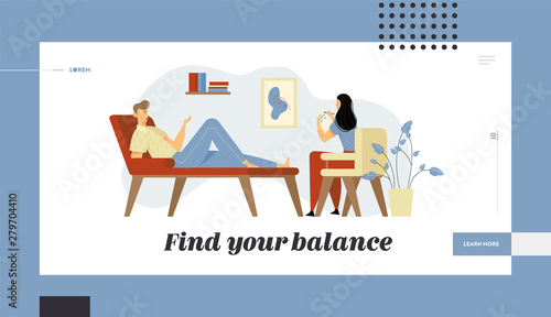 Unhappy Man Lying on Couch at Psychologist Appointment. Doctor, Specialist Talking with Patient about Mind Health Problem Website Landing Page, Web Page. Cartoon Flat Vector Illustration, Banner