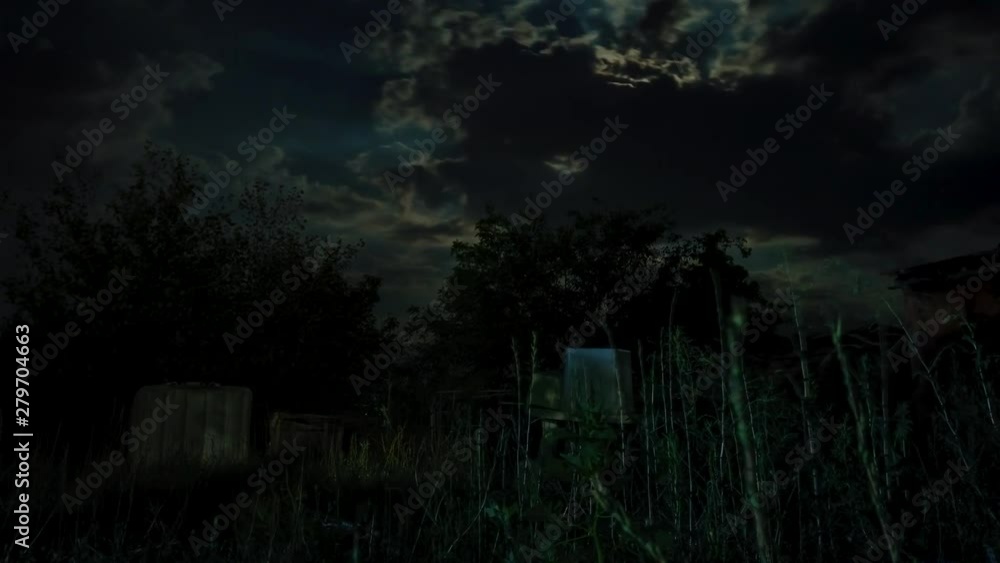 Full Moon Moves in the Night Sky through Dark Clouds and Trees. Time lapse. The mystical moon rises up against the background of silhouettes of tree branches. Moonlight Shines in the black night sky. Full Moon Moves in the Night Sky through Dark Clouds and Trees. Time lapse. The mystical moon rises up against the background of silhouettes of tree branches. Moonlight Shines in the black night sky.