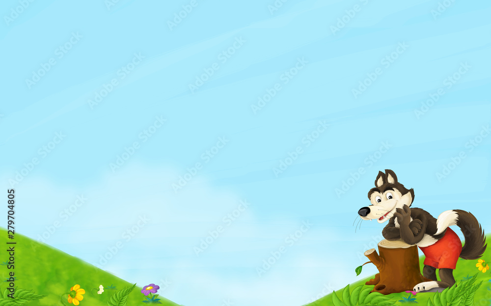 Naklejka premium Cartoon fairy tale scene with wolf on the meadow - illustration for children