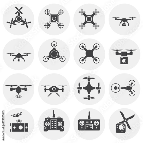 Drone related icons set on background for graphic and web design. Simple illustration. Internet concept symbol for website button or mobile app.
