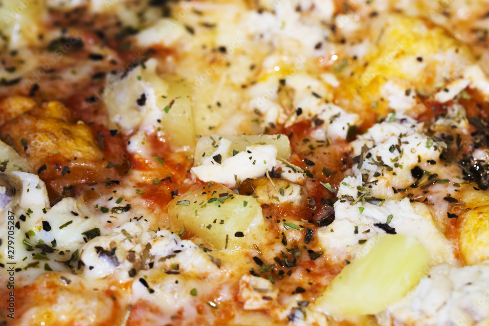 Close-up of Delicious Fresh Pizza, Hawaiian Pineapple Pizza