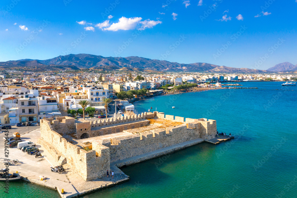 Aerial view of the Kales Venetian fortress at the entrance to the harbour, Ierapetra, Crete, Greece