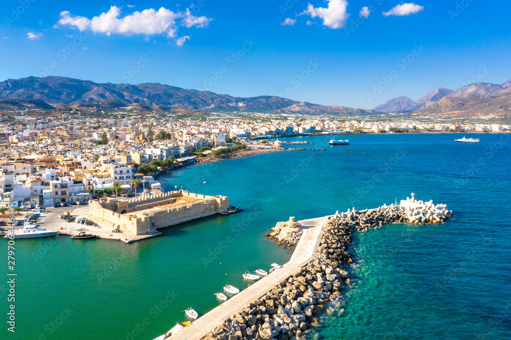 Aerial view of the Kales Venetian fortress at the entrance to the harbour, Ierapetra, Crete, Greece