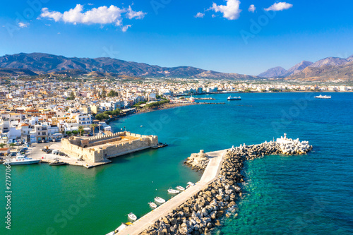 Aerial view of the Kales Venetian fortress at the entrance to the harbour, Ierapetra, Crete, Greece © gatsi
