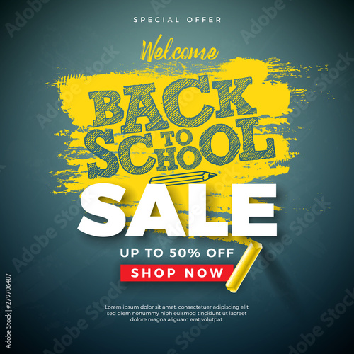 Back to School Sale Design with Typography Letter and Chalk on Chalkboard Background. Vector Illustration for Special Offer, Coupon, Voucher, Banner, Flyer, Poster, Invitation or greeting card.