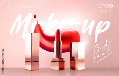 Fashion lipstick make-up banner. Beauty and cosmetics background. Realistic vector lipstick. Fashionable cosmetics Make up design background. Use for advertising flyer, banner, leaflet Template