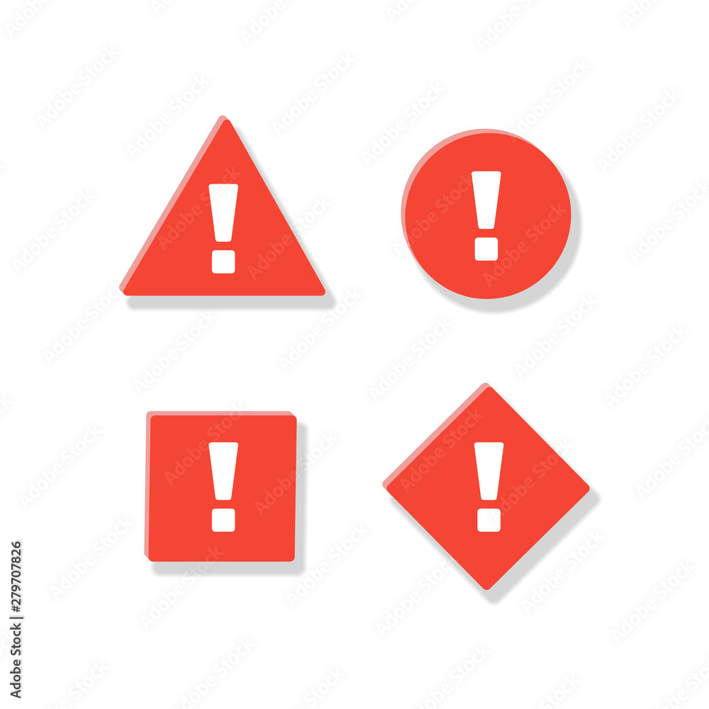 Vector paper cut attention icon set. Modern style red icons with exclamation mark isolated on white background with shadow. Design element for sale, survey, promo, important info, web, offer. Vector paper cut attention icon set. Modern style red icons with exclamation mark isolated on white background with shadow. Design element for sale, survey, promo, important info, web, offer.