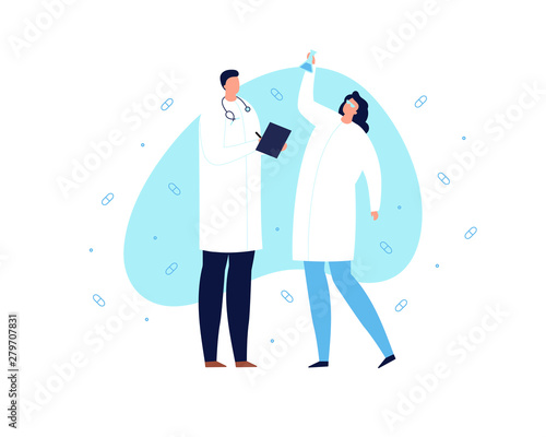Vector doctor team person illustration. Female and male flat character with tube on modern blue shape background with pill icons. Concept of clinical trials, drug research, chemistry, pharma.