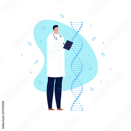 Vector gene engineering modern banner. DNA spiral male doctor scientist on amoeba shape background isolated on white. Concept of gene cure therapy, future treatment, genetical research.