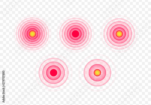 Set of vector pain dot radial icons. Red gradient flat round ache symbol isolated on transparent background. Design element illustration for infographic, drugs, treatment, medical poster, health care