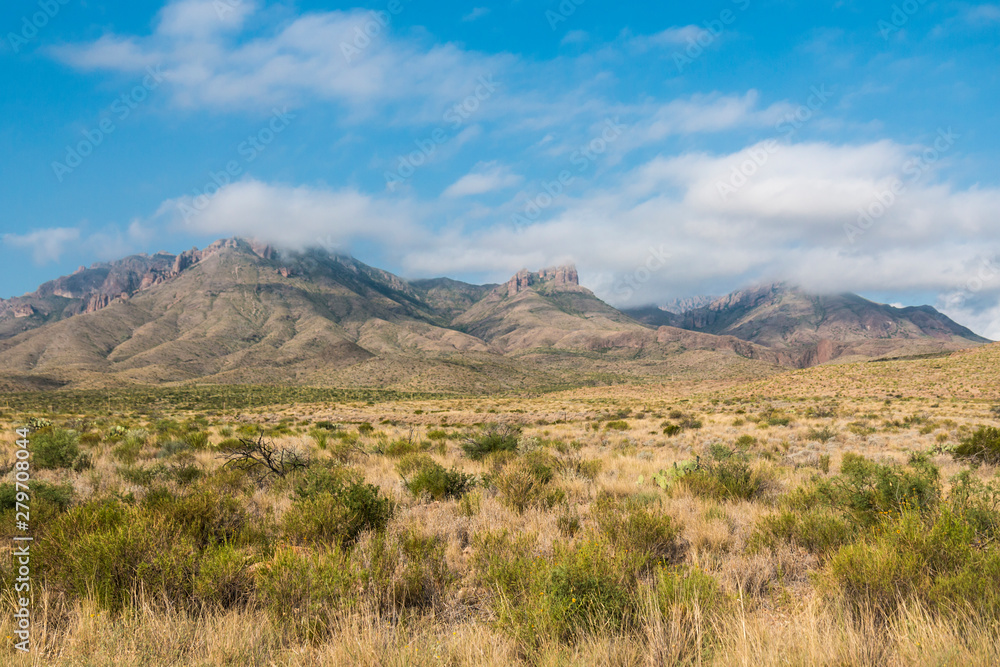 Desert landscape view of Big Bend National Park during the day in Texas.
