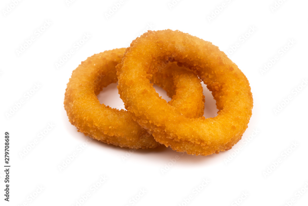 fried onion rings on white background