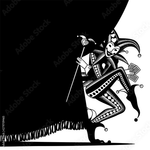 Joker playing card peering out from behind the curtain