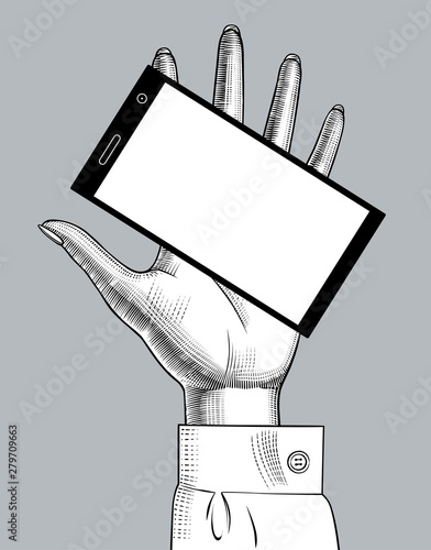 Woman's hand holding a smartphone with white screen on her palm hand