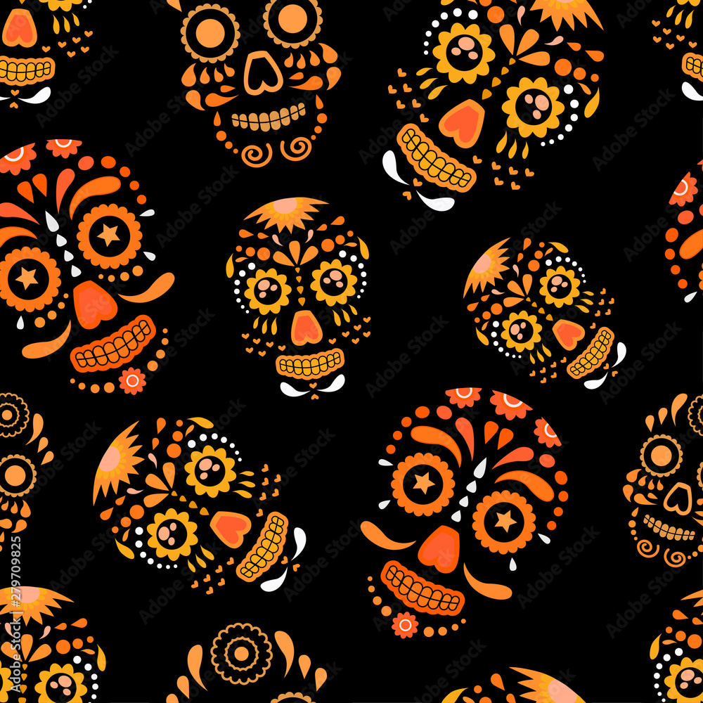 Obraz premium Abstract seamless skull pattern for girl, boy, clothes. Creative skull vector background with mexican symbol, day of the dead, dots, lines. Funny wallpaper for textile and fabric. Fashion skull style.