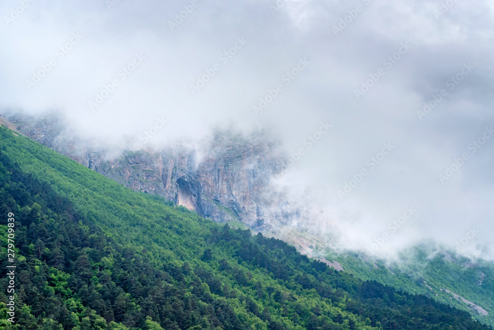 Obraz premium Scenic view of foggy mountains. Clouds and green mountain forest view