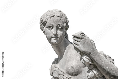 Old statue of a sensual Renaissance era woman in Potsdam, isolated at white background, Germany, details, closeup