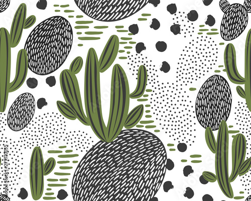 Vector seamless pattern with cactus on white background. Summer plants, flowers and leaves. Natural floral bright design. Botanical illustration.
