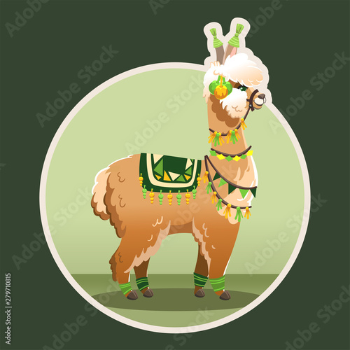 Illustration with llama and cactus plants. Vector seamless pattern on green background. Greeting card with Alpaca.