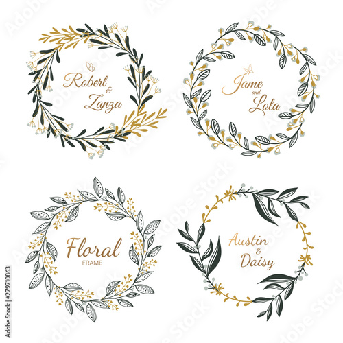 Hand drawn floral wreath collection for wedding, marry card.
