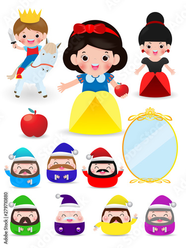 snow white and the seven dwarfs, Snow White on white background, prince, Princess and Dwarfs and witch, Vector Illustration