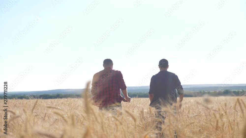teamwork smart farming slow motion video. two farmers work in wheat field. farmers explore are studying. man with digital tablet Wheat Field summer in the field wheat bread. slow motion video. farmer teamwork smart farming slow motion video. two farmers work in wheat field. farmers explore are studying. man with digital tablet Wheat Field summer in the field wheat bread. slow motion video. farmer