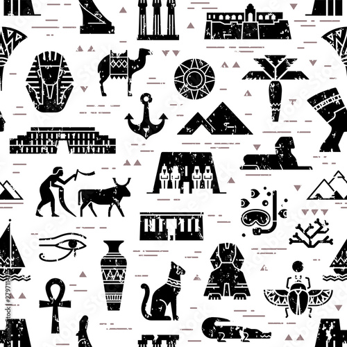 Dark seamless pattern of symbols, landmarks, and signs of Egypt from icons