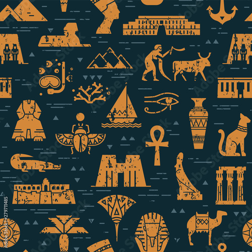 Dark seamless pattern of symbols, landmarks, and signs of Egypt from icons