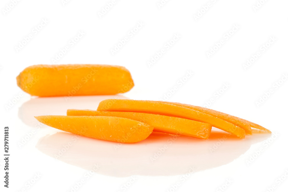 Group of one whole four slices of peeled orange baby cut carrot isolated on white background Group of one whole four slices of peeled orange baby cut carrot isolated on white background