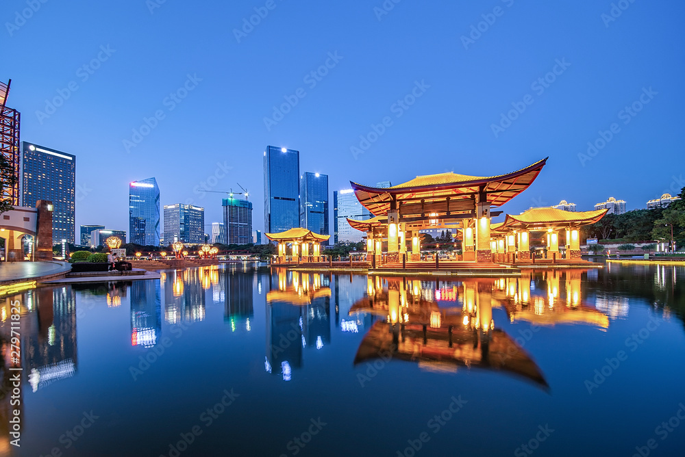 Night view of Qiandeng Lake Park, Nanhai District, Foshan City, Guangdong Province, China