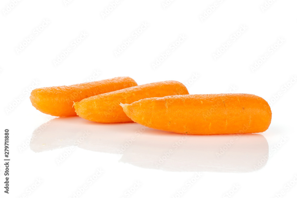 Group of three whole fresh peeled orange baby cut carrot isolated on white background Group of three whole fresh peeled orange baby cut carrot isolated on white background