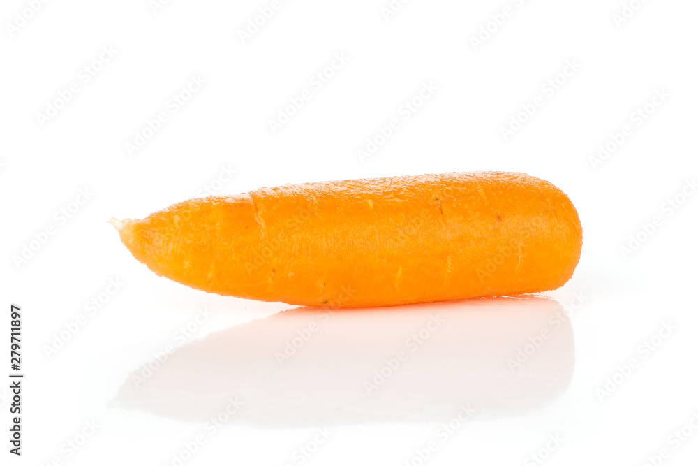 One whole peeled orange baby cut carrot isolated on white background One whole peeled orange baby cut carrot isolated on white background