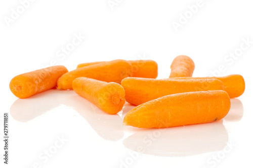 Group of seven whole peeled orange baby cut carrot isolated on white background photo