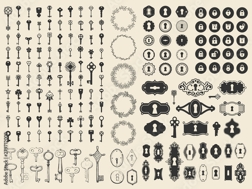 Vector illustration with design elements for decoration. Big silhouettes and icon set of keys, locks, old keyhole on black background. Vintage style. photo