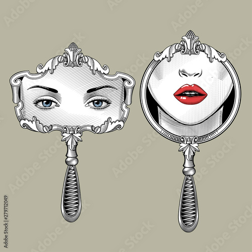 Two decorative classic retro mirrors with reflections of female eyes and lips