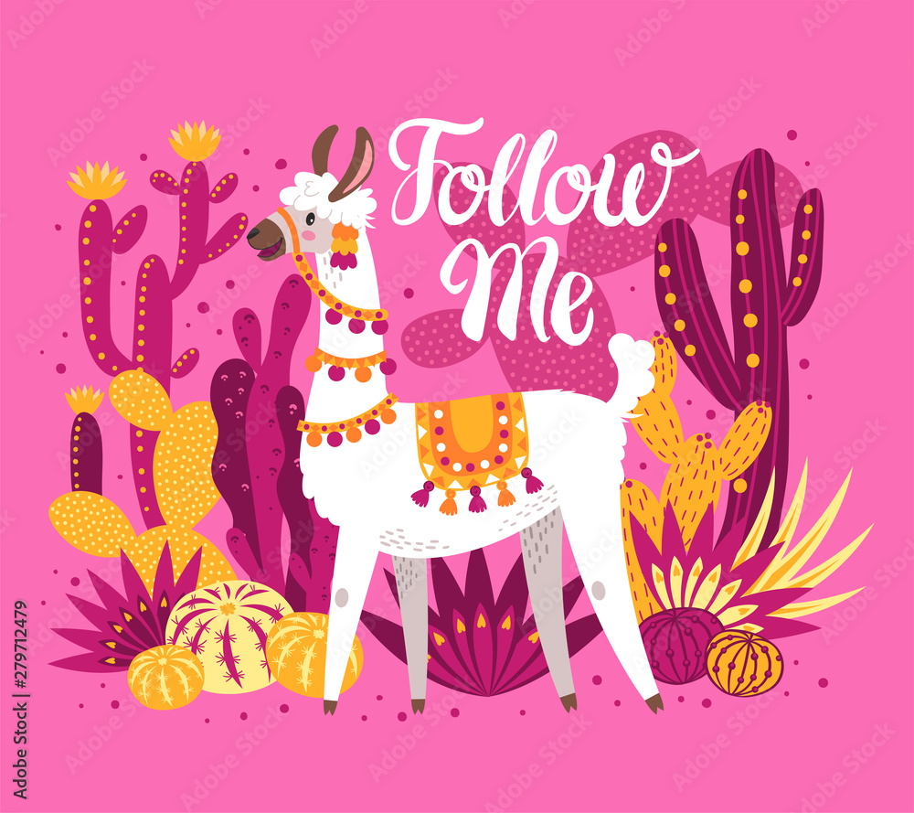 Illustration with llama and cactus plants. Vector pattern on botanical background. Greeting card with Alpaca. Composition on pink. Illustration with llama and cactus plants. Vector pattern on botanical background. Greeting card with Alpaca. Composition on pink.