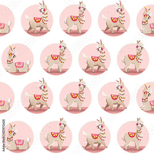Illustration with alpaca and cactus plants. Vector seamless pattern on white background. Llama.
