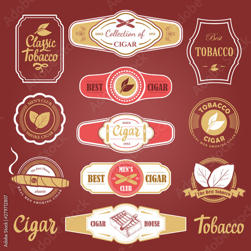 Vector Illustration with logo and labels. Simple symbols tobacco, cigar. Traditions of smoke. Decorative elements, icon for your design. Gentleman style.
