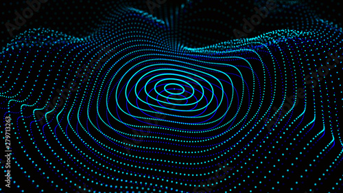 Abstract dynamic wave of particles. Network of bright points or dots. Big data. Digital background. Spider's web. 4K illustration. 3d rendering.