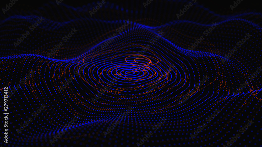 Abstract dynamic wave of particles. Network of bright points or dots. Big data. Digital background. Spider's web. 4K illustration. 3d rendering.