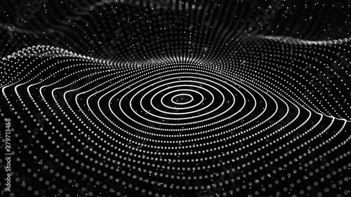 Abstract dynamic wave of particles. Network of bright points or dots. Big data. Digital background. Spider's web. 4K illustration. 3d rendering.