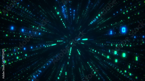 Digital futuristic data tunnel. Binary 0 and 1 numbers in cyberspace. Lightspeed computer network connection concept. Technology and connectivity 3D illustration with depth of field
