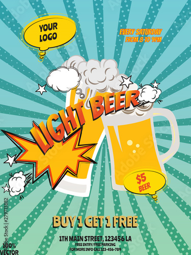 Pop art Happy Hours flyer, banner or template design with beer mug icons and geometric shapes on grunge background. Advertising Pop Art poster or party invitation.